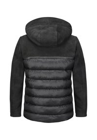 Schwarze Jacke mit einem puffigen unteren Abschnitt und einem glatten oberen Teil mit Kapuze. Das Material bietet einen Kontrast zwischen glänzenden und strukturierten Oberflächen.