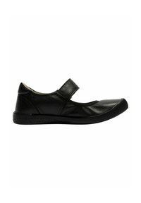 Zapato de cuero negro con punta redonda, estilo Mary Jane, que cuenta con una correa ancha en el empeine y una suela de goma текстurada.