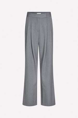 Gray wide-leg trousers featuring a flat waistband, vertical pleats, and a smooth texture, designed in a lightweight, woven fabric.