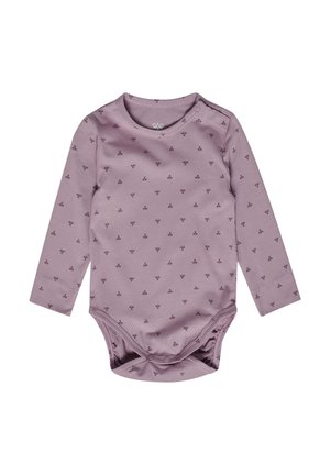 Body bébé mauve à manches longues avec petits motifs floraux foncés, boutons-pression à l'épaule et à l'entrejambe pour un habillage facile.