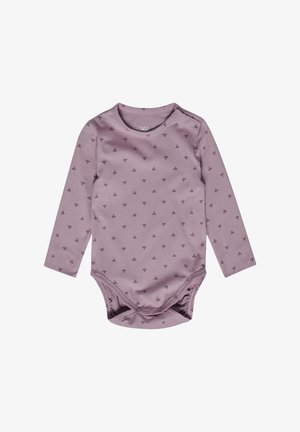 Body bébé mauve à manches longues avec petits motifs floraux foncés, boutons-pression à l'épaule et à l'entrejambe pour un habillage facile.