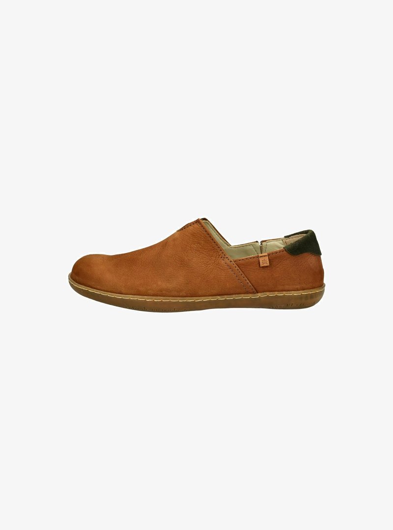 Brown leather slip-on shoe with a rounded toe, soft texture, and contrasting green accent at the heel. Features a stitched sole.