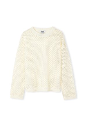 Gebreide trui in lichtroom met een losse fit, gebreid patroon, ronde halslijn en lange mouwen. Geribbelde manchetten en zoom.