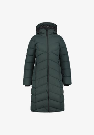 Manteau long en duvet de couleur vert foncé, avec des motifs en chevrons, un col montant, une fermeture éclair à l'avant et deux poches latérales zippées.