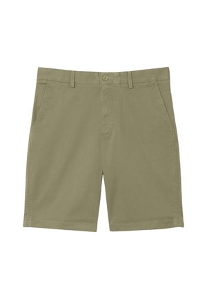 Pantalones cortos casuales color caqui con trabillas para cinturón, cierre frontal con botones, bolsillos laterales y un diseño limpio y minimalista.