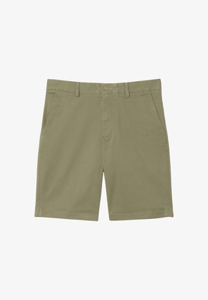 Casual shorts in khakikleur met ceintuurlussen, een knoopsluiting aan de voorkant, zijzakken en een strak, minimalistisch ontwerp.