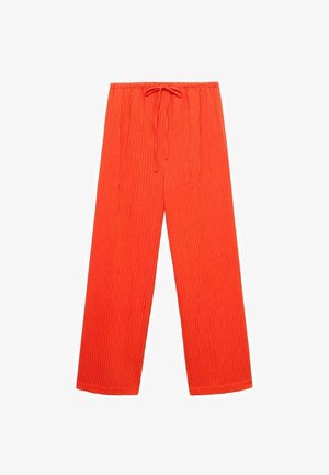 Red, wide-leg pants made of textured fabric with vertical ribbing and an elastic waistband featuring a drawstring for adjustability.
