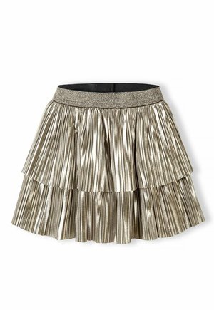 Metallic plisseret nederdel med lagdelte flæser, med en sort elastisk talje og skinnende gylden farve. Glat tekstur med let glans.