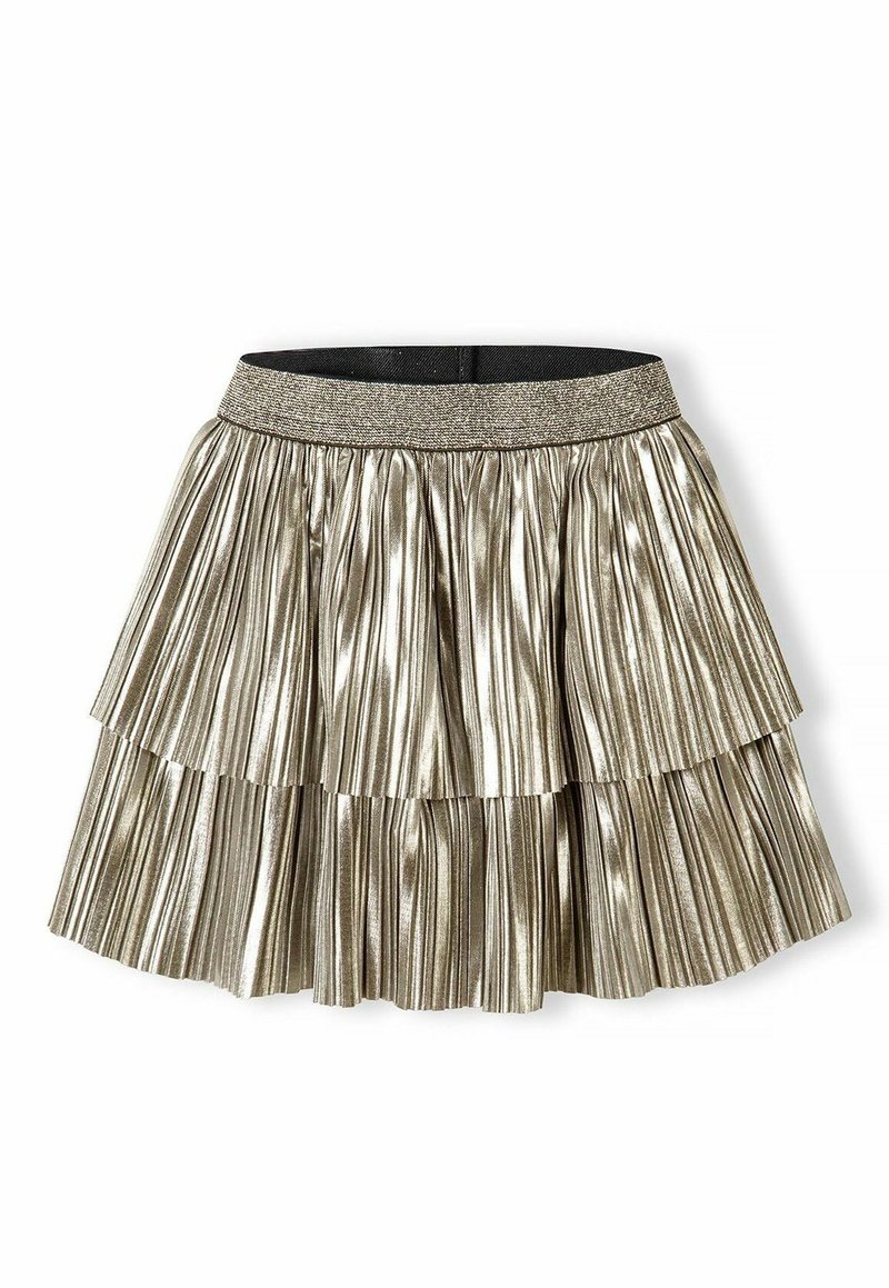 Jupe plissée métallique avec volants superposés, dotée d'une taille élastique noire et d'une couleur dorée éclatante. Texture lisse avec un léger éclat.
