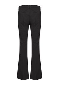 Black flared trousers featuring a smooth fabric, mid-rise waist, two back pockets, and belt loops. Seam detailing enhances overall structure.