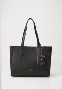 Geantă tote neagră cu piele texturată și accente din suede, formă rectangulară, două mânere și un pouch mic detașabil cu fermoar. Detaliu cu logo auriu.