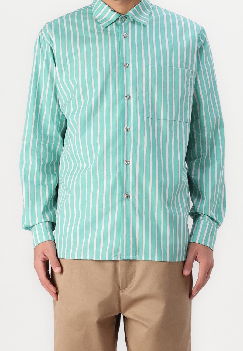 Homme portant une chemise vert menthe à manches longues avec des rayures blanches verticales et un pantalon beige, debout les mains près des côtés.