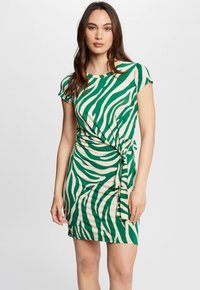 Groene en beige gestreepte jurk met zebra-print, korte mouwen, een aansluitende silhouet en een zijknoopdetail. Zachte stof met een gladde textuur.
