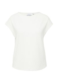 Top blanc à manches courtes avec un motif texturé, encolure ronde et coupe décontractée. Le tissu présente un léger détail côtelé et une finition lisse.
