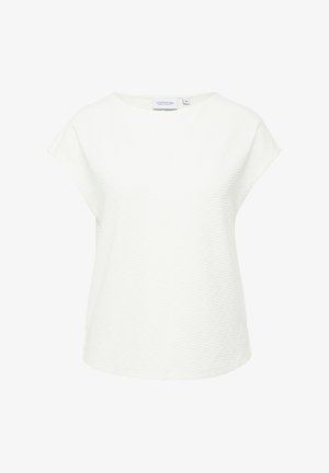 Weißes Kurzarmoberteil mit strukturiertem Muster, Rundhalsausschnitt und lockerer Passform. Der Stoff hat ein dezentes Rippdetail und eine glatte Oberfläche.
