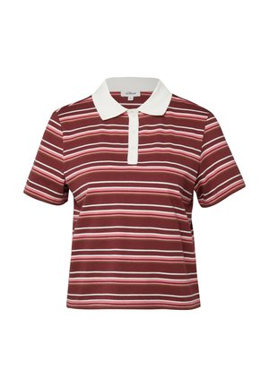 Koszulka polo z krótkim rękawem w kolorze burgundowym z białymi, różowymi i brązowymi poziomymi paskami oraz białym kołnierzykiem zapinanym na guziki.
