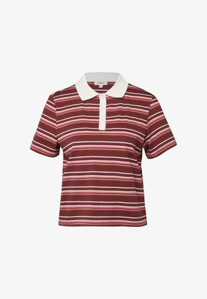 Kortemouws bordeaux polohemd met witte, roze en bruine horizontale strepen en een witte kraag met knopen.