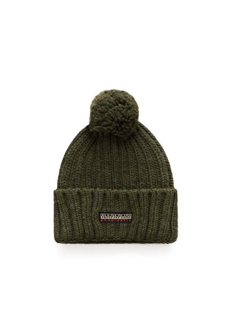 Berretto lavorato a maglia verde oliva con un risvolto a coste, decorato con un pom-pom testurizzato e caratterizzato da un piccolo logo sulla parte anteriore.