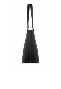 Borsa tote in pelle nera con una forma affusolata, doppi manici per le spalle e cuciture bianche a contrasto lungo la cucitura laterale. Texture liscia.