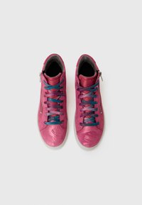 Pink leather high-top sneakers with a textured finish, featuring multicolored laces and a side zipper detail. White rubber sole.