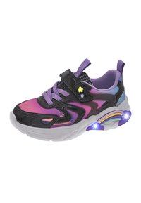 Sneaker viola e nera con una parte superiore in rete, suola in gomma, cinturino regolabile in velcro e luci LED multicolori nel tallone.