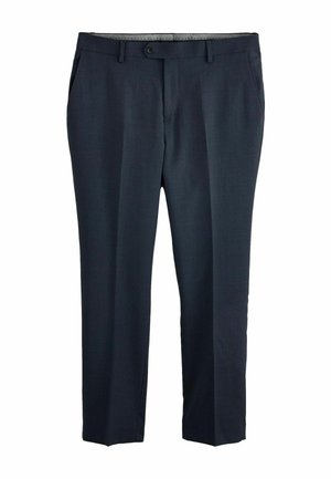 Dunkelgraue formelle Herrenhose mit Knopf und Gürtelschlaufen, Vordertaschen und geradem Schnitt auf weißem Hintergrund.