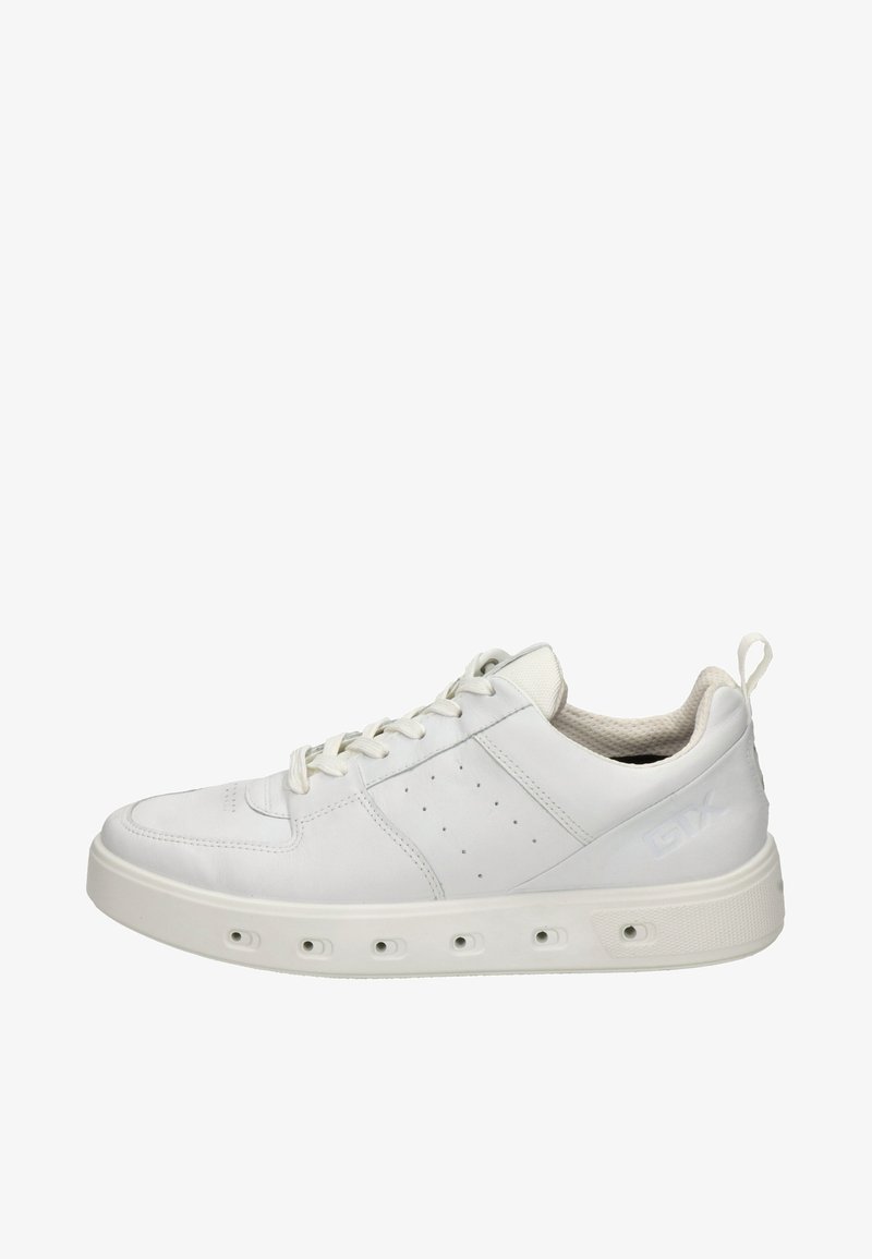 White sneaker with a smooth leather upper, round toe, lace closure, perforated details on the sides, and a thick textured rubber sole.