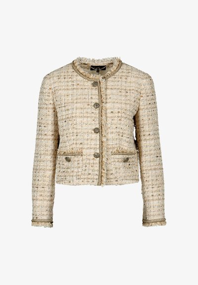 Bež jopič iz tweeda z teksturiranim zaključkom, okroglo ovratnico, razfrušenimi robovi in gumbi v zlatem odtenku. Ima dva sprednja žepa.