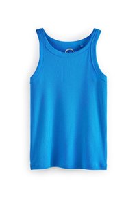 Débardeur bleu côtelé avec un col rond et de larges bretelles, fabriqué en tissu doux et extensible pour assurer confort et liberté de mouvement.