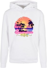 Felpa bianca con un design colorato di un tramonto che include palme, uccelli e la scritta "Summer Vibes" in rosa e verde. Tessuto morbido.