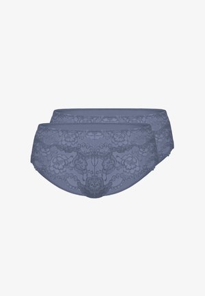 Zwei Paar blaue Spitzenunterwäsche für Damen mit Blumenmustern, präsentiert vor weißem Hintergrund.