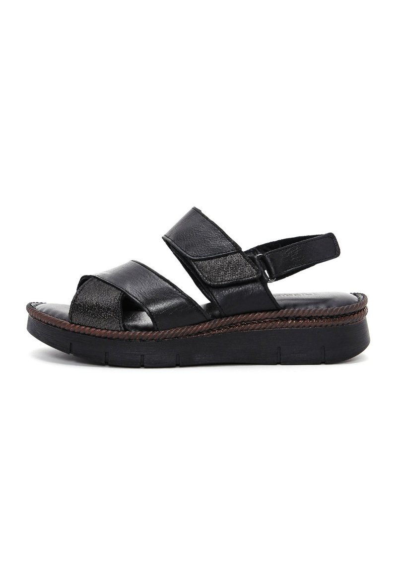 Black leather sandals with two wide straps and an adjustable heel strap. Features a textured insole and a low, cushioned platform sole.