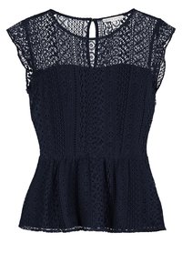 Top peplum blu navy realizzato in pizzo, caratterizzato da maniche a cappuccio corte, motivi intricati e scollo rotondo con chiusura a bottone sul retro.