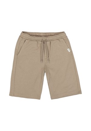 Beige Knielange Shorts aus Baumwollmischung mit elastischem Bund, Kordelzug, seitlichen Taschen und kleinem Markenschild auf der rechten Seite.