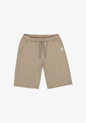 Beige katoenen mix knielange shorts met elastische tailleband, trekkoord, zijzakken en een klein merkje aan de rechterkant.