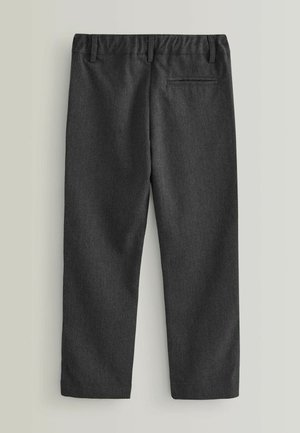 Ciemnoszare spodnie o gładkiej, tkanej fakturze. Wyposażone w elastyczny pas i jedną tylną kieszeń. Prosty krój nogawki.