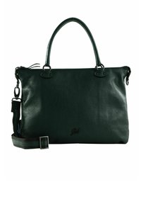 Sac tote en cuir noir avec finition texturée, double anses et bandoulière amovible. Présente un logo de la marque subtile sur le devant.