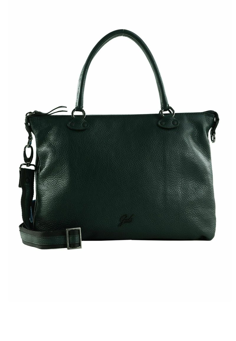 Sac tote en cuir noir avec finition texturée, double anses et bandoulière amovible. Présente un logo de la marque subtile sur le devant.