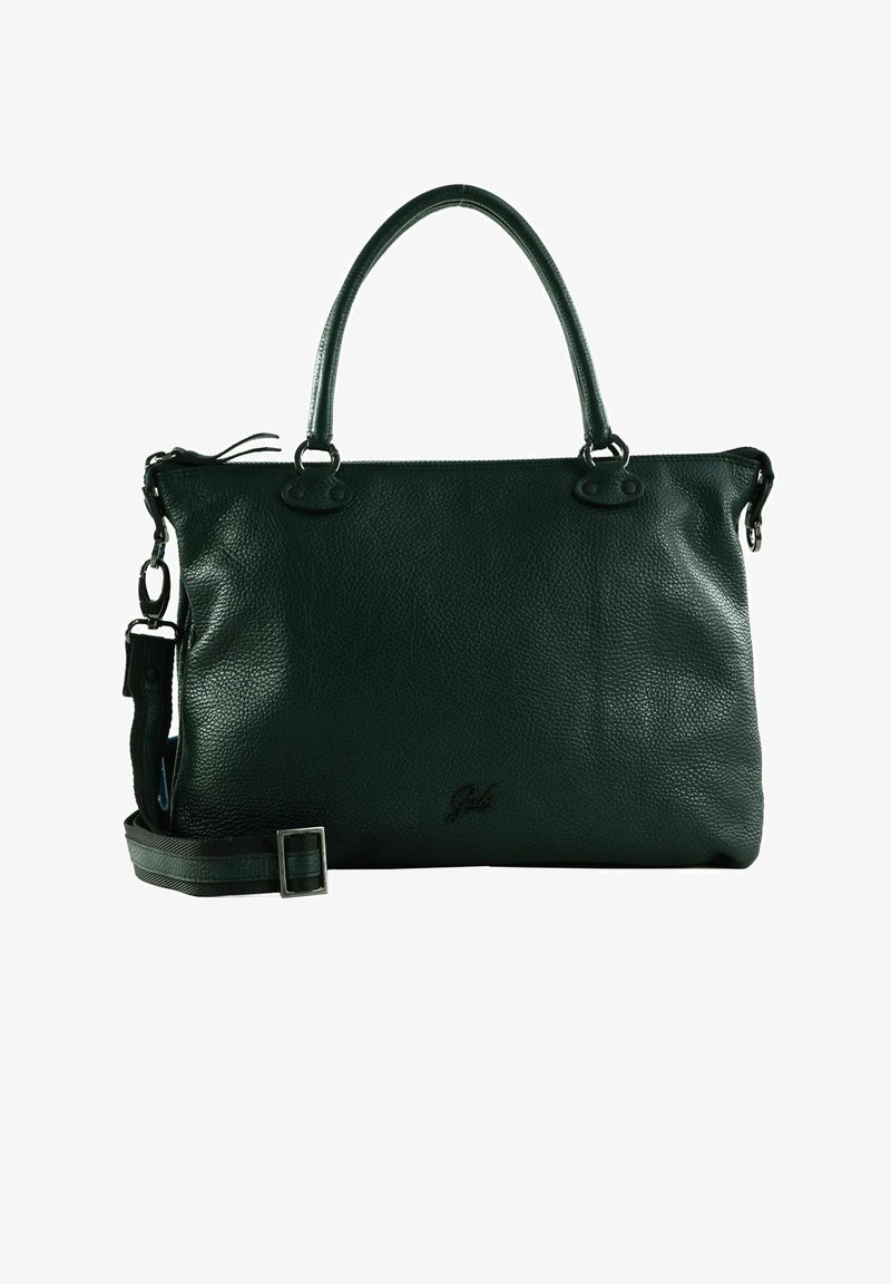 Sac tote en cuir noir avec finition texturée, double anses et bandoulière amovible. Présente un logo de la marque subtile sur le devant.