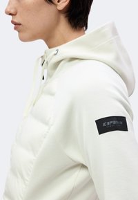Personne portant une veste blanche à capuche avec un écusson noir sur la manche indiquant "ICEPEAK SINCE 1996", montré en plan rapproché de profil.