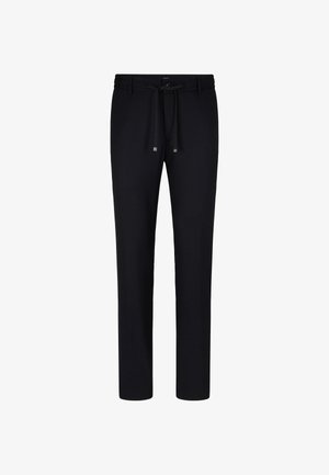 Schwarze, schmal geschnittene Hose mit Gürtelschlaufen und Kordelzugbund, flach auf einem weißen Hintergrund dargestellt.