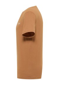 T-shirt en coton marron avec col rond, manches courtes et coupe droite. Présente un petit logo imprimé sur le devant.