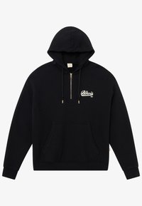 Czarna bluza z kapturem z przednią kieszenią, zamkiem błyskawicznym przy szyi oraz wyszywanym białym logo "Blkrls NY". Wykonana z miękkiego materiału, z prążkowanymi mankietami.