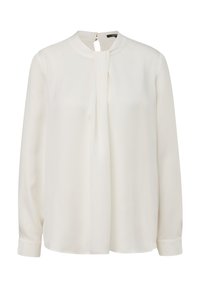 Weißes Blusenshirt mit Stehkragen, plissiertem Vorderteil und langen Ärmeln. Hergestellt aus glattem Stoff mit verdecktem Reißverschluss hinten.