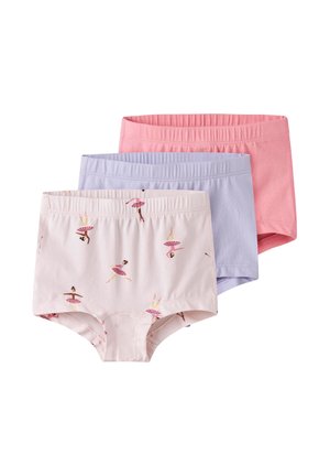 Drei Kinderunterhosen in Pink, Lavendel und Hellrosa mit Ballerina-Druck, alle mit elastischem Bund, übereinander gestapelt.