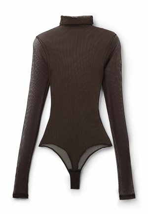 Body en mesh transparent marron foncé à manches longues avec col roulé et fermeture à pression à l'entrejambe, présenté à plat sur fond blanc.