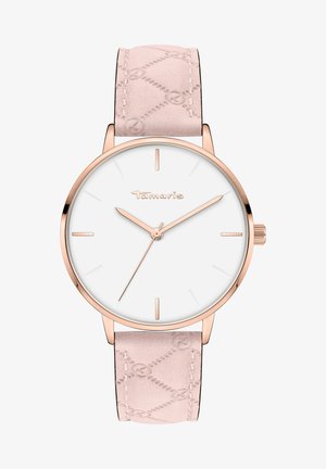 Roségoldene Uhr mit einem weißen Zifferblatt, minimalistischen Indizes und einem strukturierten, hellrosa Lederarmband mit subtilen Mustern.