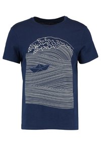 Navy blue cotton T-shirt featuring a white, line-drawn design of waves and a paper boat. Round neckline and short sleeves.