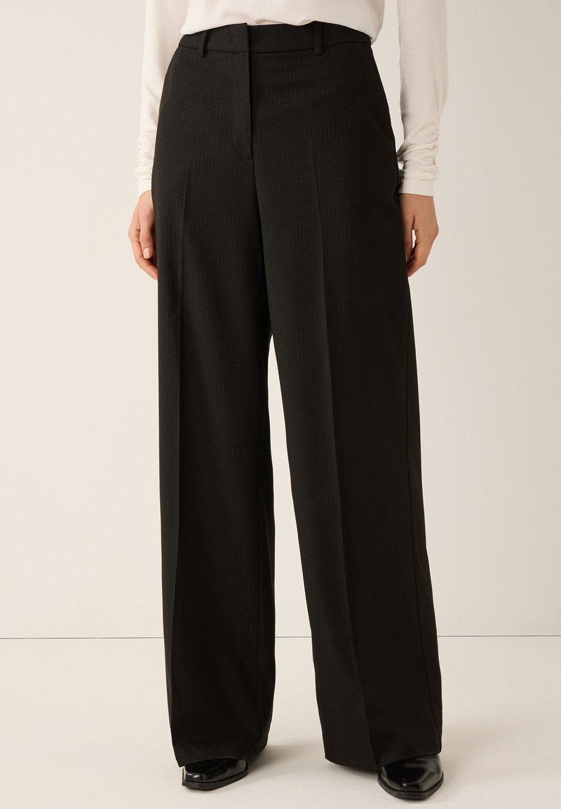 Black wide-leg trousers with a subtle pinstripe pattern. Features a flat front, belt loops, and a smooth fabric texture.