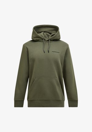 Olijfgroen hoodie gemaakt van zachte stof, met een kangaroo zak, een capuchon met trekkoord en een klein logo op de borst.